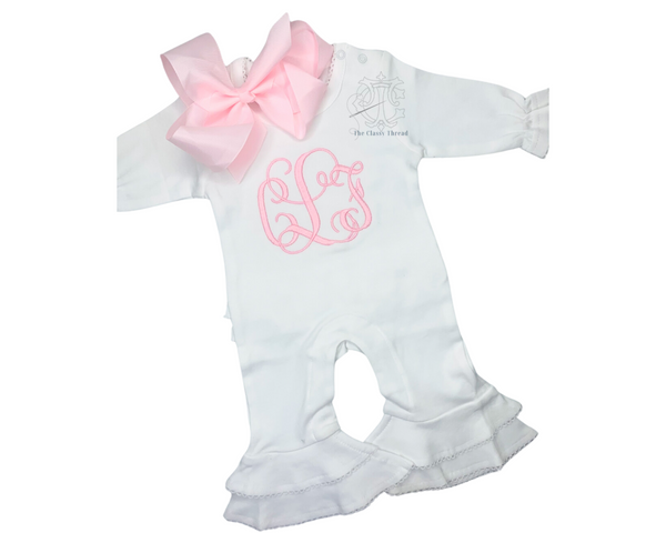 Monogram Ruffle Romper Coming Home